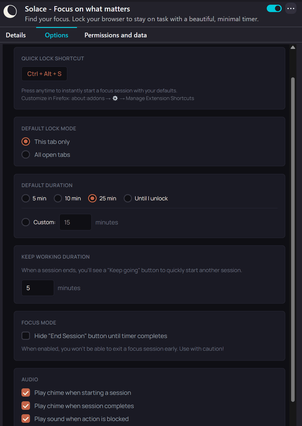 Solace — settings menu